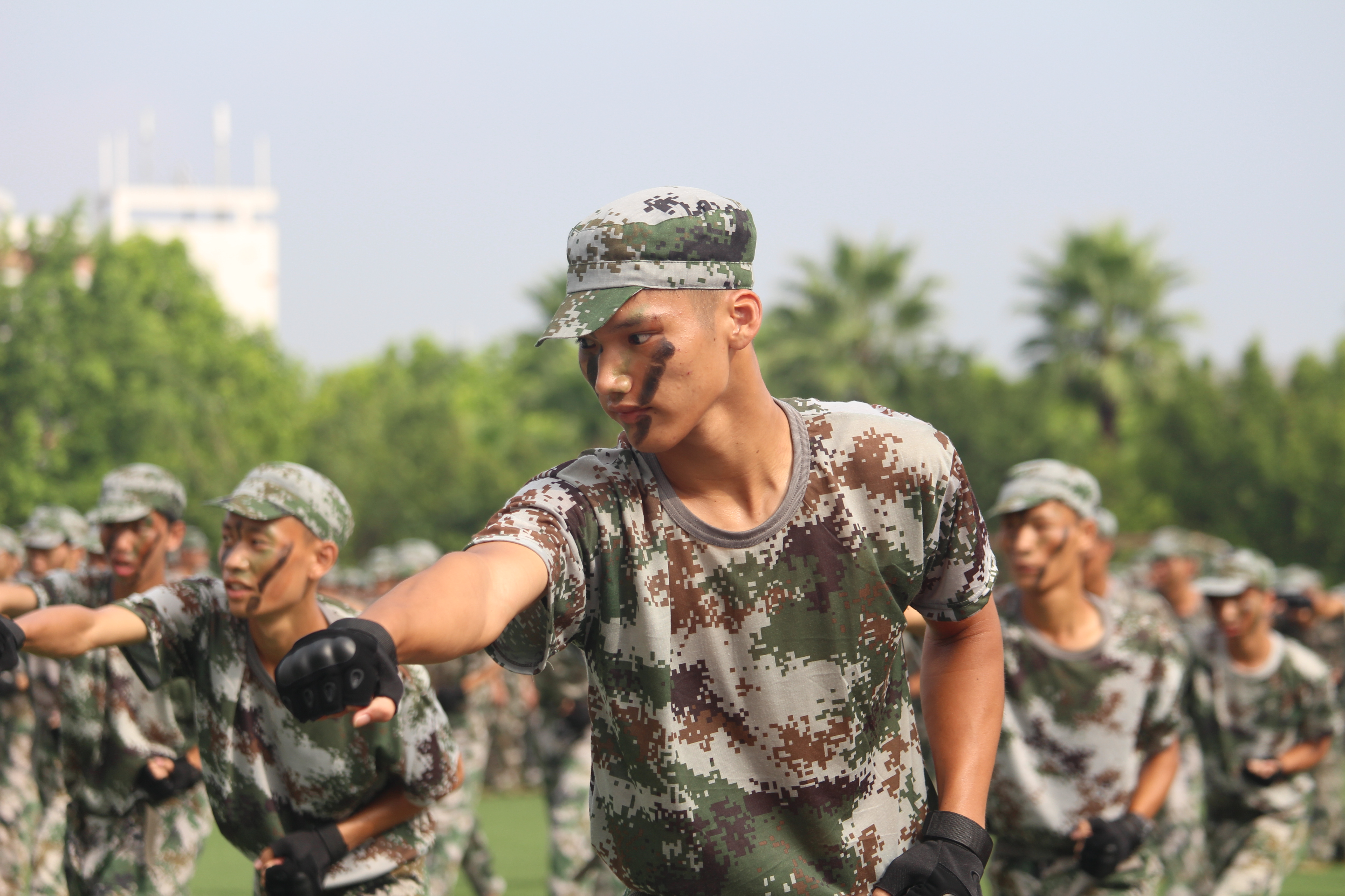 在响亮的军歌中,各营分别进行了军体拳,匕首操,擒敌拳和格斗术表演,4